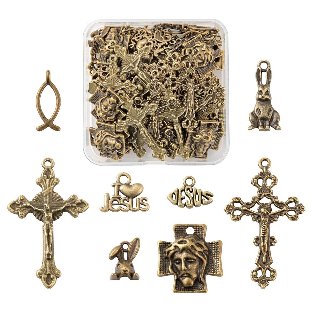 8791 80 Pcs 8 Style Tibetan Style Alloy charms Pendants Cross Rabbit Jesus